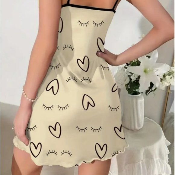 Eyelash Print Lettuce Trim Slip Nightdress, Round Neck Spaghetti Strap Easy Care - Picture 2 of 4